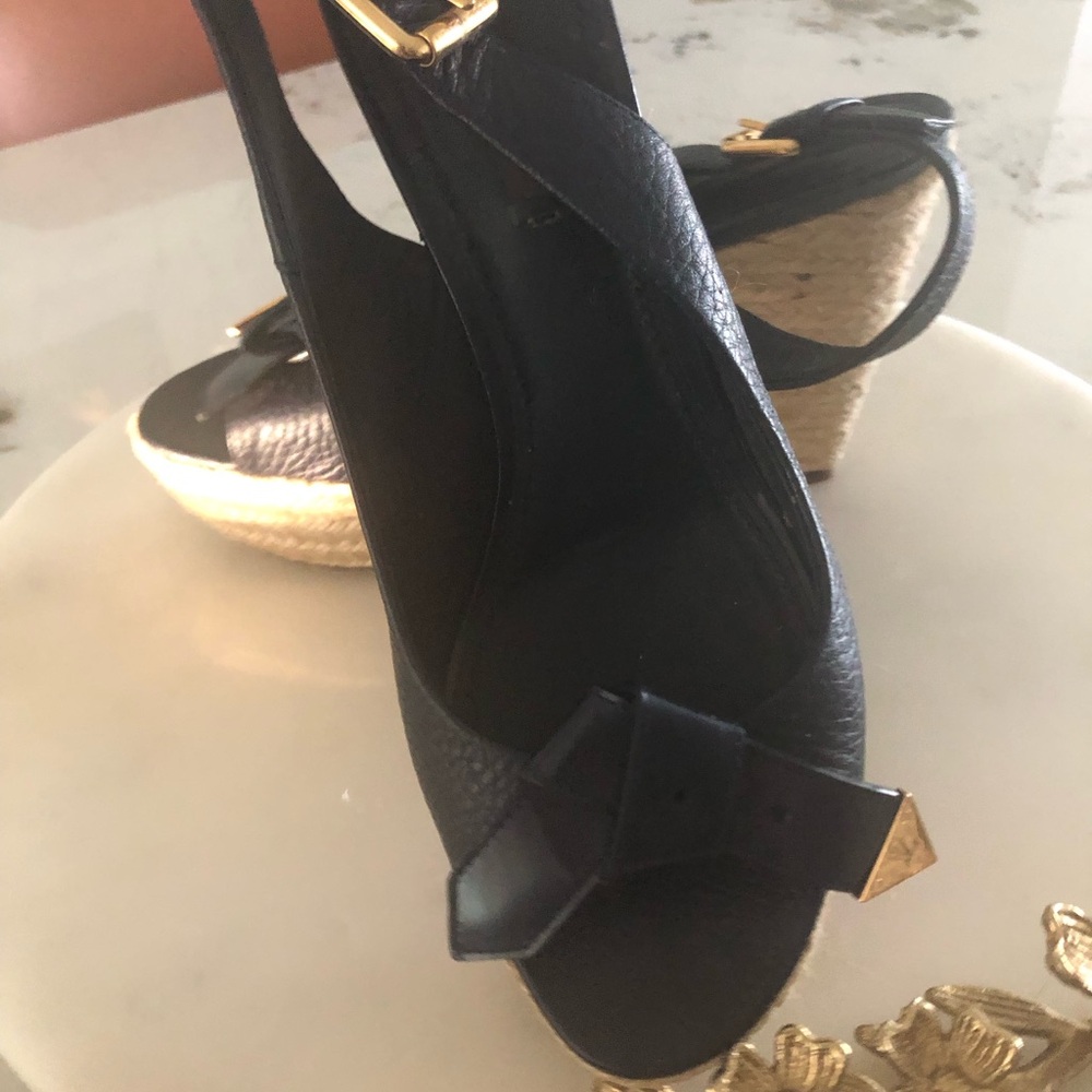 Louis Vuitton Black Leather Espadrille Wedge Sandals with Gold Accents